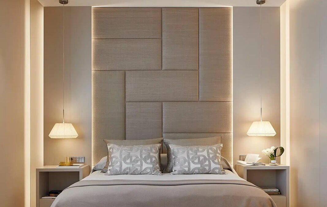 Diseño interior dormitorio con molduras de pared cabecero.